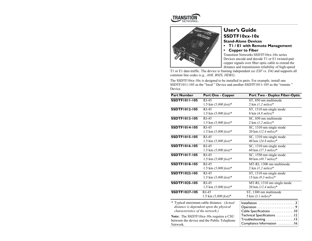 Transition Networks SSDTF1029-106, SSDTF1029-107, SSDTF1029-108, SSDTF1022-105, SSDTF1027-105 specifications SSDTF10xx-10x 