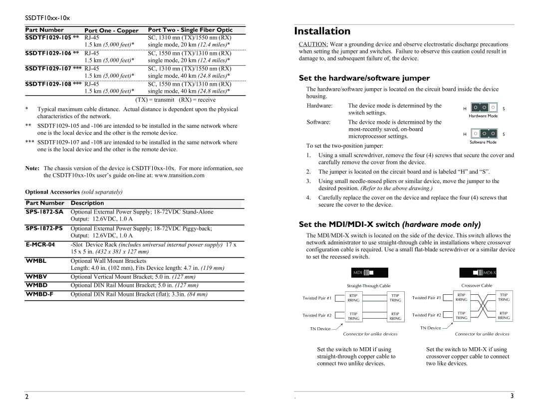 Transition Networks SSDTF1029-108, SSDTF1029-107, SSDTF1029-106, SSDTF1027 Installation, Set the hardware/software jumper 