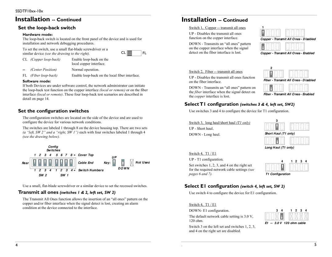 Transition Networks SSDTF1022-105 Set the loop-back switch, Set the configuration switches, Hardware mode, Software mode 