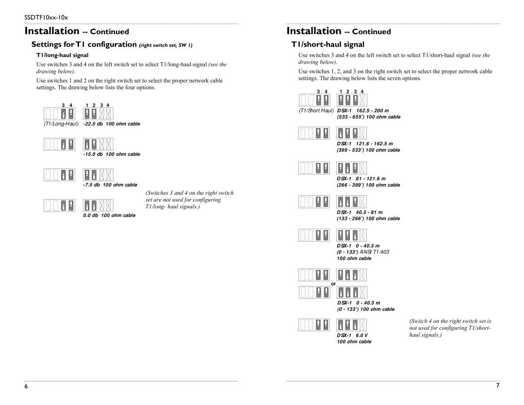 Transition Networks SSDTF1027-105, SSDTF1029-107 Settings forT1 configuration right switch set, SW, T1/short-haul signal 