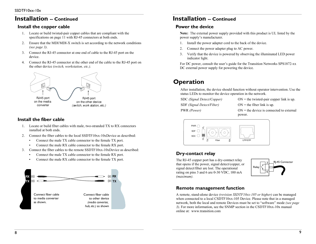 Transition Networks SSDTF1029-105, SSDTF1029-107, SSDTF1029-106, SSDTF1029-108, SSDTF1022-105, SSDTF1027-105 Operation 