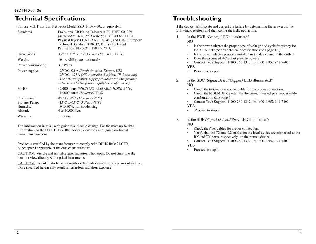 Transition Networks SSDTF1013-105, SSDTF1029-107, SSDTF1029-106, SSDTF1029-108 Technical Specifications, Troubleshooting 