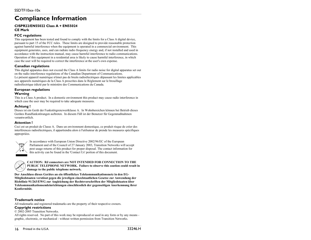 Transition Networks SSDTF1011-105, SSDTF1029-107 Compliance Information, European regulations, Achtung, Trademark notice 