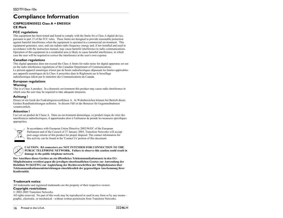 Transition Networks SSDTF1011-105 Compliance Information, SSDTF10xx-10x, Canadian regulations, European regulations 