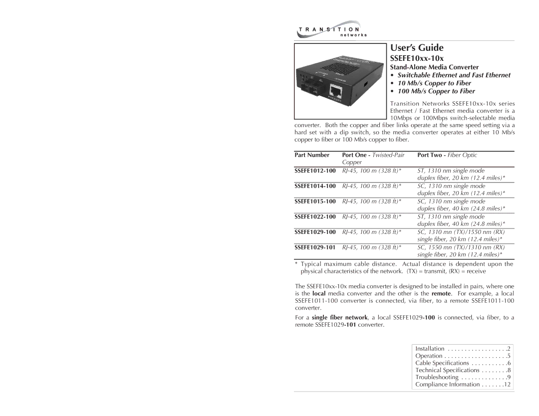 Transition Networks SSEFE10XX-10X specifications Part Number, Port Two Fiber Optic, SSEFE1012-100, SSEFE1014-100 