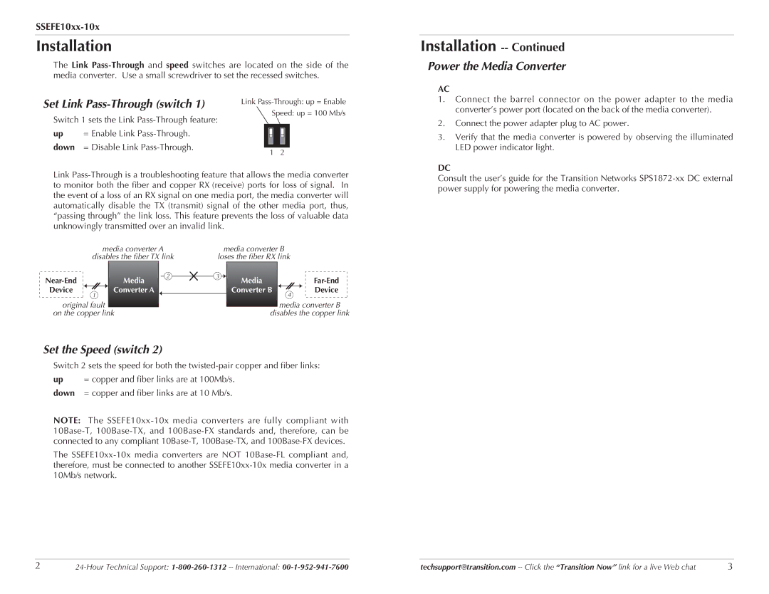 Transition Networks SSEFE10XX-10X specifications Installation, Set Link Pass-Through switch, Set the Speed switch, Down 