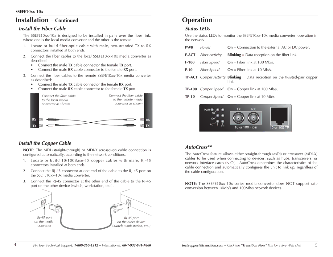 Transition Networks SSEFE10XX-10X Operation, Install the Fiber Cable, Status LEDs, Install the Copper Cable, AutoCross 