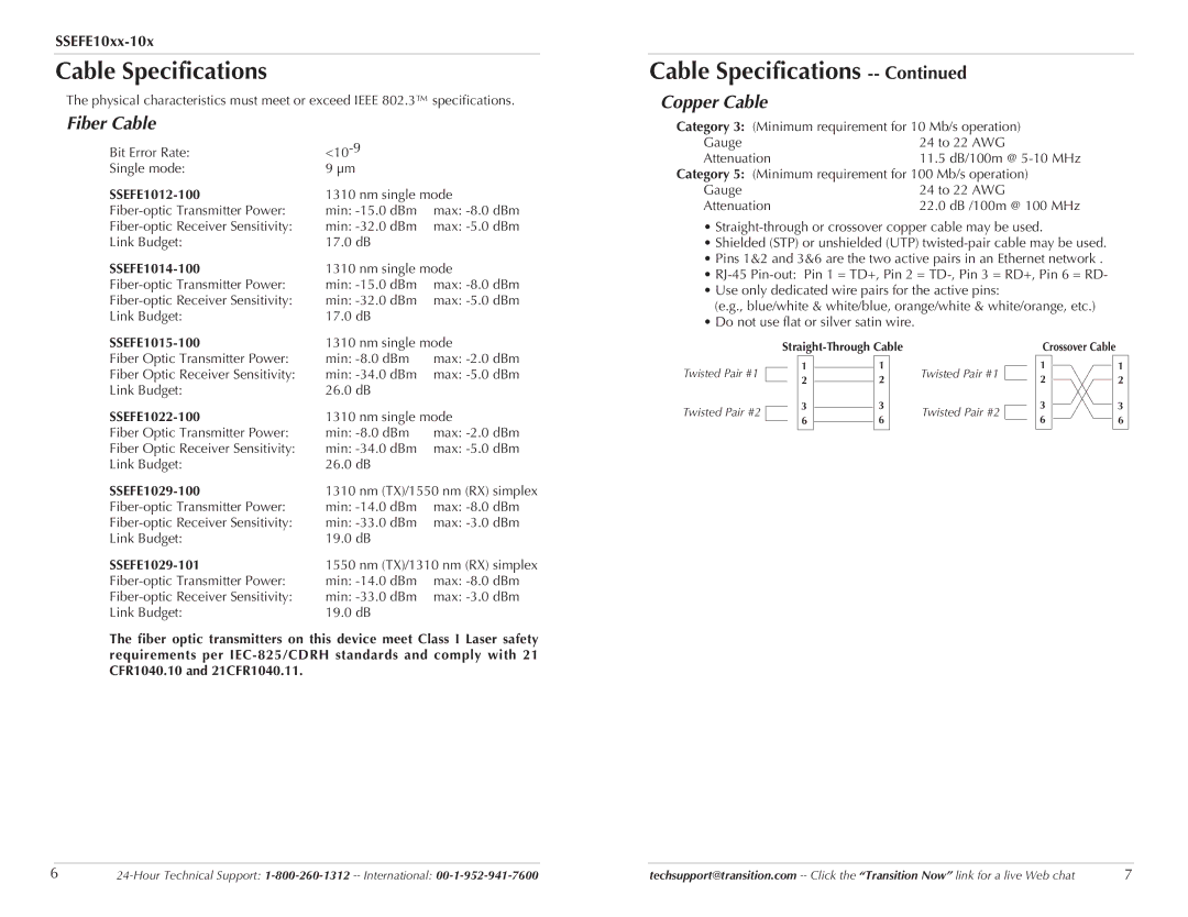 Transition Networks SSEFE10XX-10X specifications Cable Specifications, Copper Cable Fiber Cable 