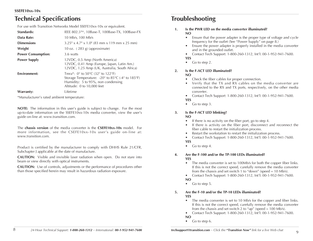 Transition Networks SSEFE10XX-10X specifications Technical Specifications, Troubleshooting 