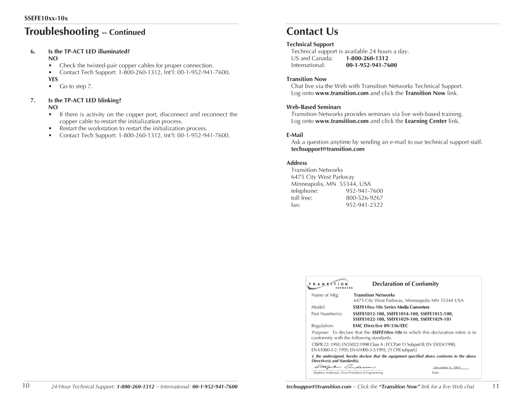 Transition Networks SSEFE10XX-10X specifications Contact Us 