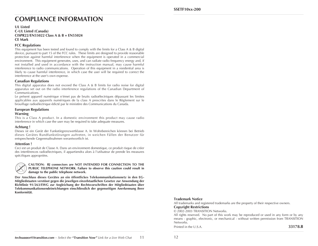 Transition Networks SSETF10XX-200 Compliance Information, CE Mark FCC Regulations, Canadian Regulations, Achtung 