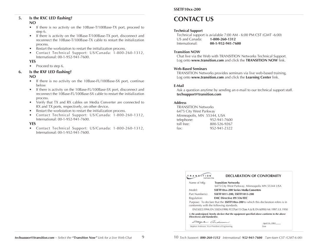 Transition Networks SSETF10XX-200 specifications Contact US, Is the RXC LED flashing?, Is the RXF LED flashing? 