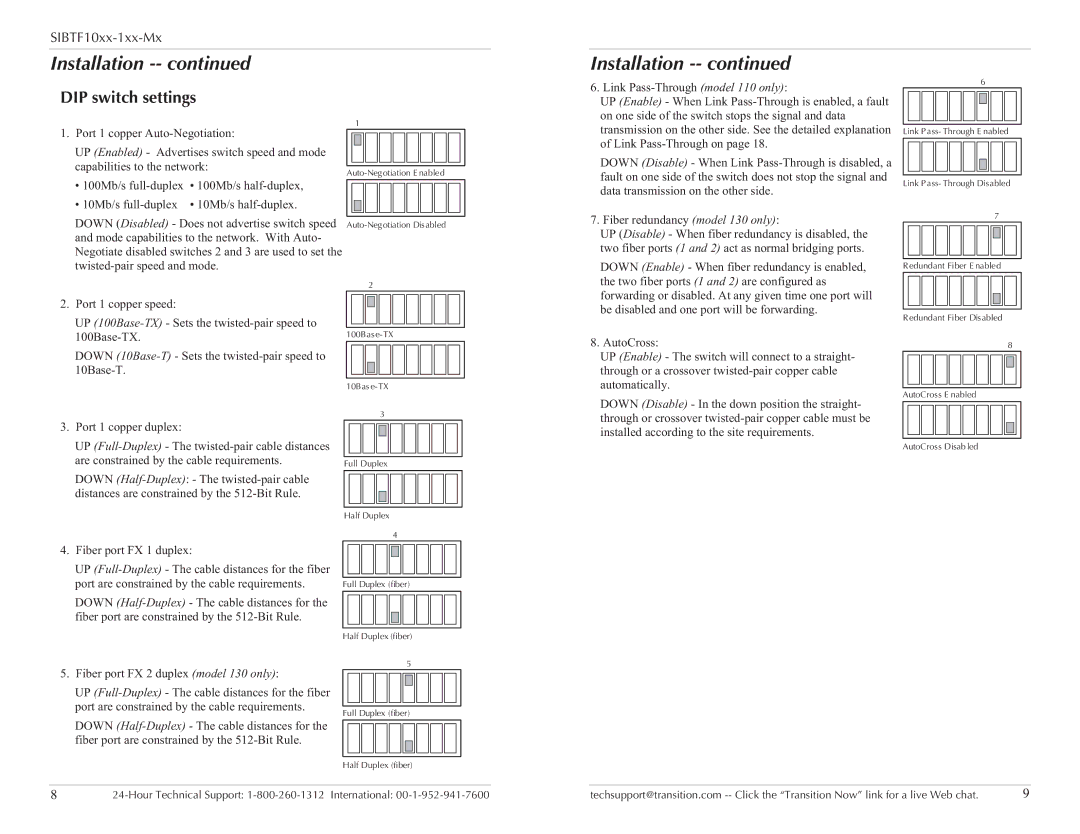 Transition Networks SUBTF10XX-1XX-MX specifications DIP switch settings 