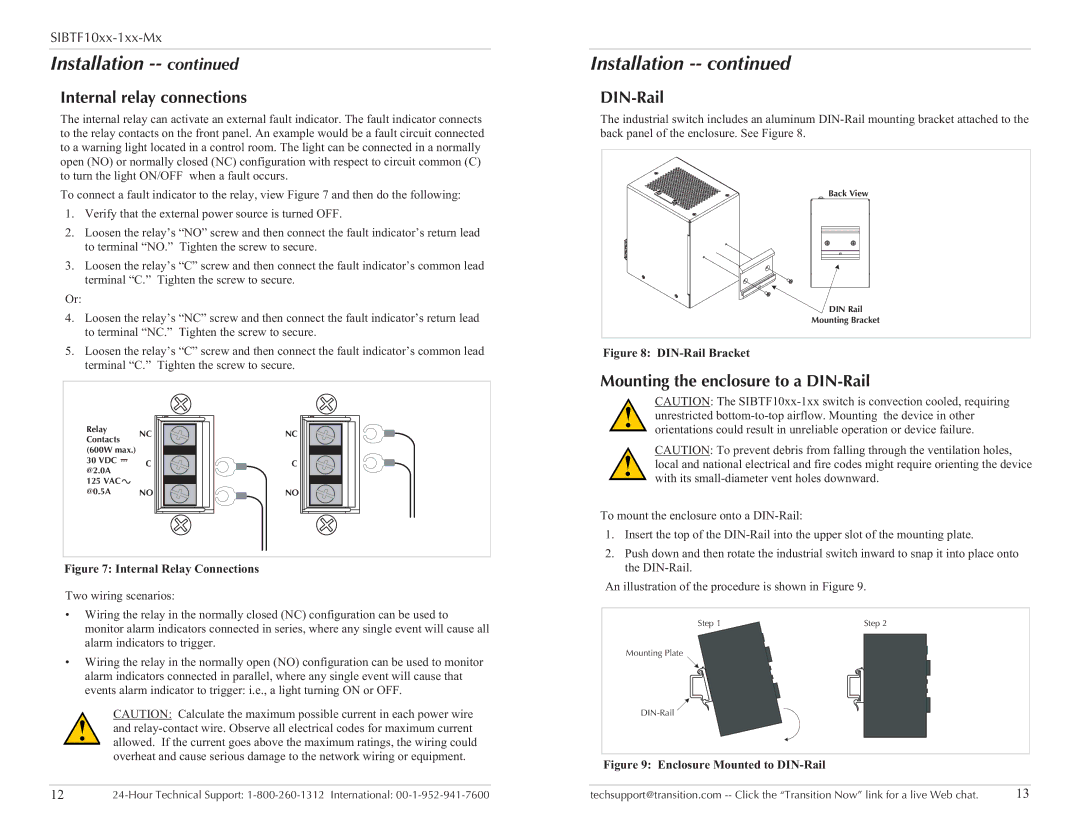 Transition Networks SUBTF10XX-1XX-MX specifications Internal relay connections, Mounting the enclosure to a DIN-Rail 