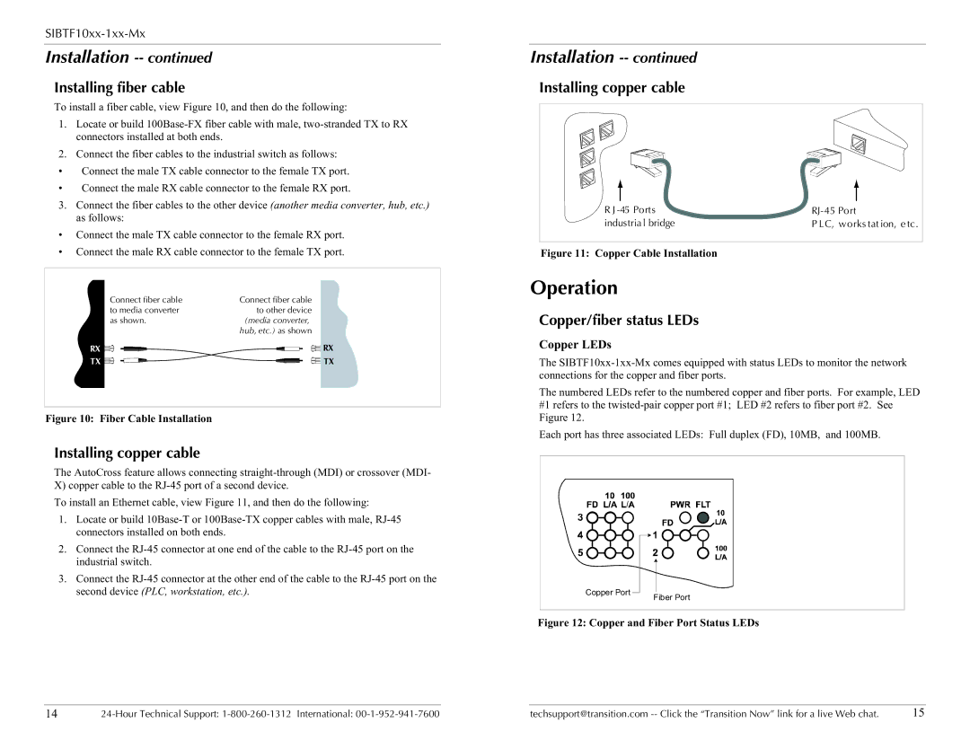 Transition Networks SUBTF10XX-1XX-MX Operation, Installing fiber cable, Installing copper cable, Copper/fiber status LEDs 