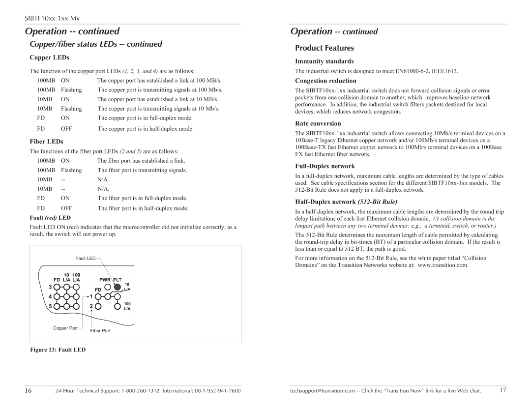 Transition Networks SUBTF10XX-1XX-MX specifications Operation, Copper/fiber status LEDs, Product Features 