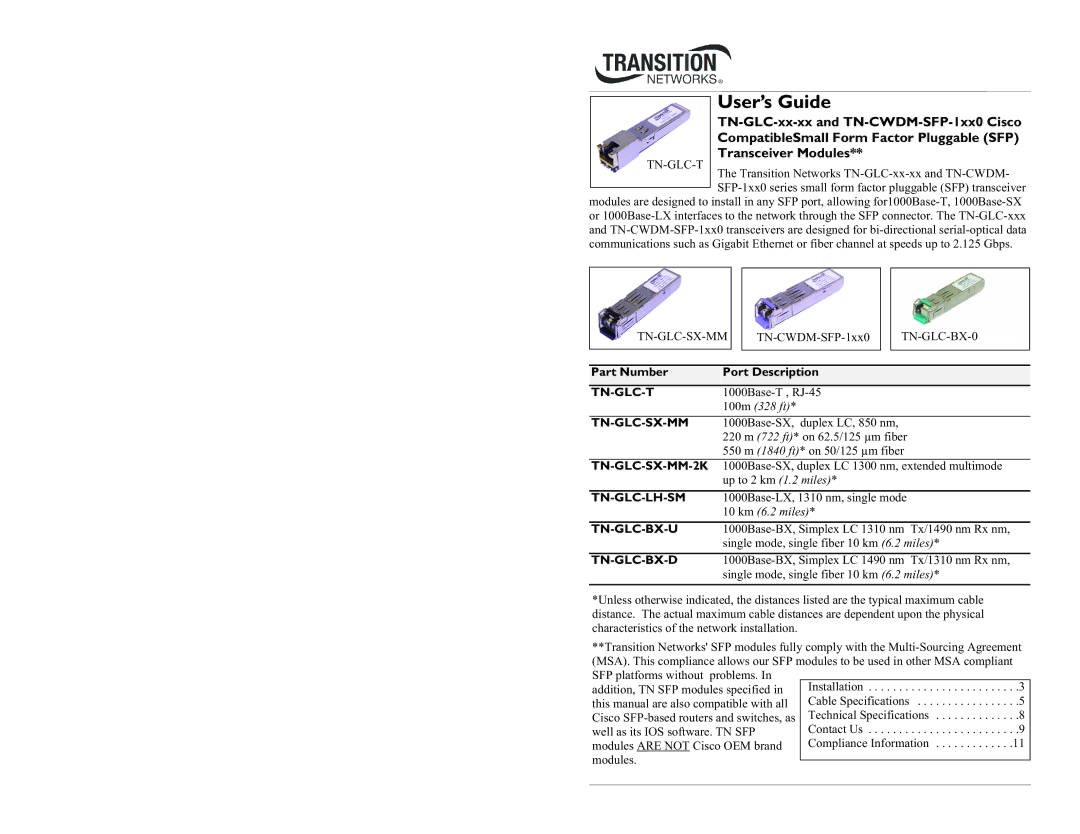 Transition Networks TN-GLC-LH-SM, TN-CWDM-SFP-1xx0, TN-GLC-BX-U, TN-GLC-SX-MM, TN-GLC-BX-D specifications User’s Guide 