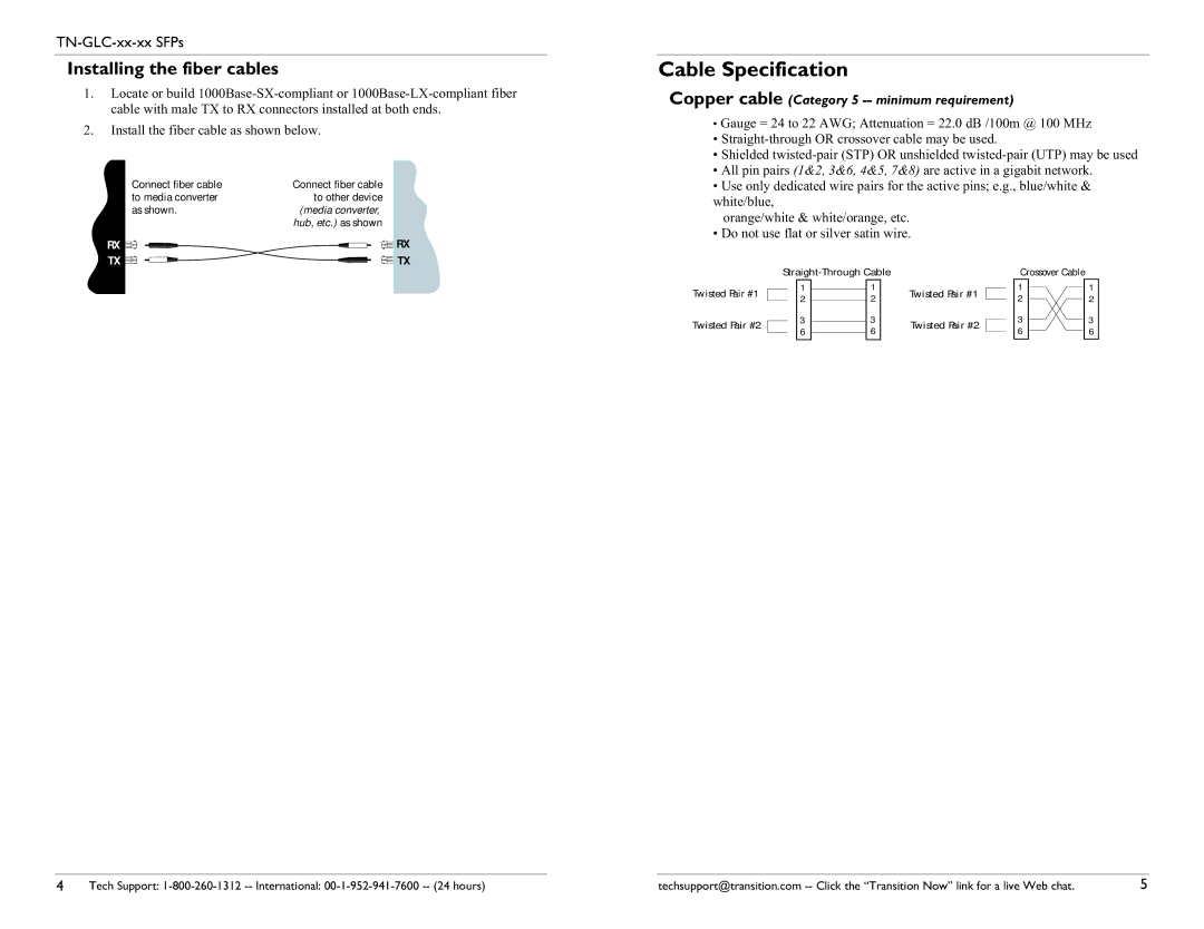 Transition Networks TN-GLC-SX-MM, TN-CWDM-SFP-1xx0, TN-GLC-LH-SM, TN-GLC-T Cable Specification, Installing the fiber cables 