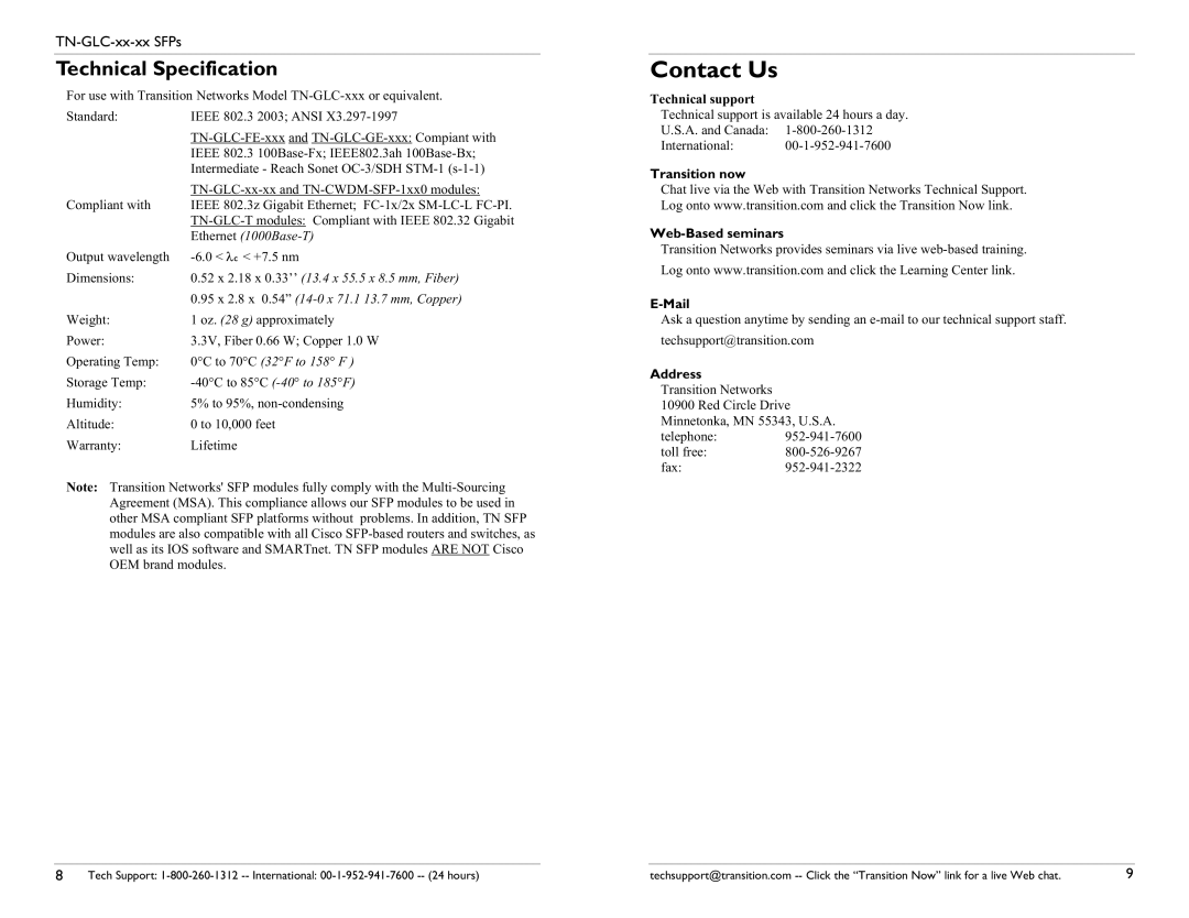 Transition Networks TN-GLC-xx-xx Technical Specification, Technical support, Transition now Web-Based seminars, Mail 