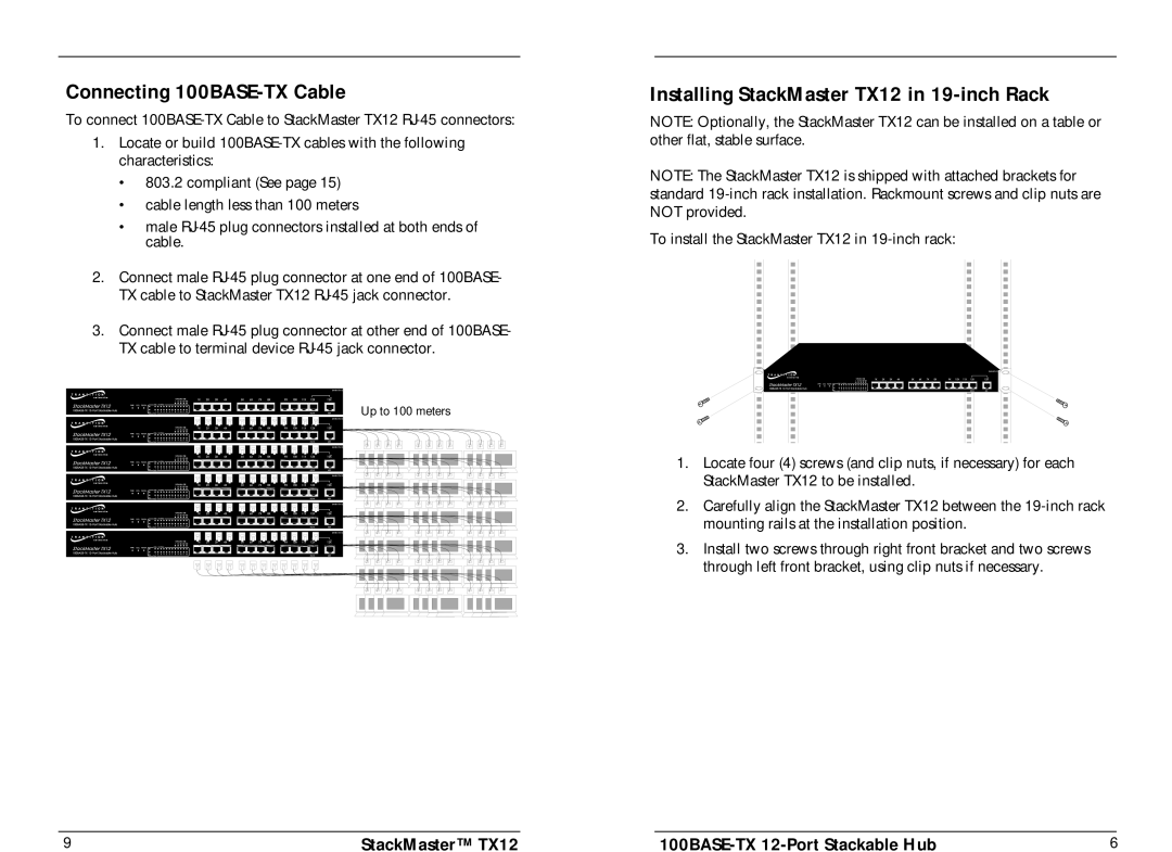 Transition Networks specifications Connecting 100BASE-TX Cable, Installing StackMaster TX12 in 19-inch Rack 