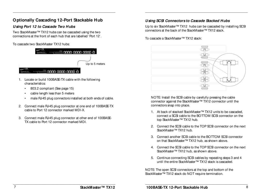 Transition Networks TX12 specifications Optionally Cascading 12-Port Stackable Hub, Using Port 12 to Cascade Two Hubs 