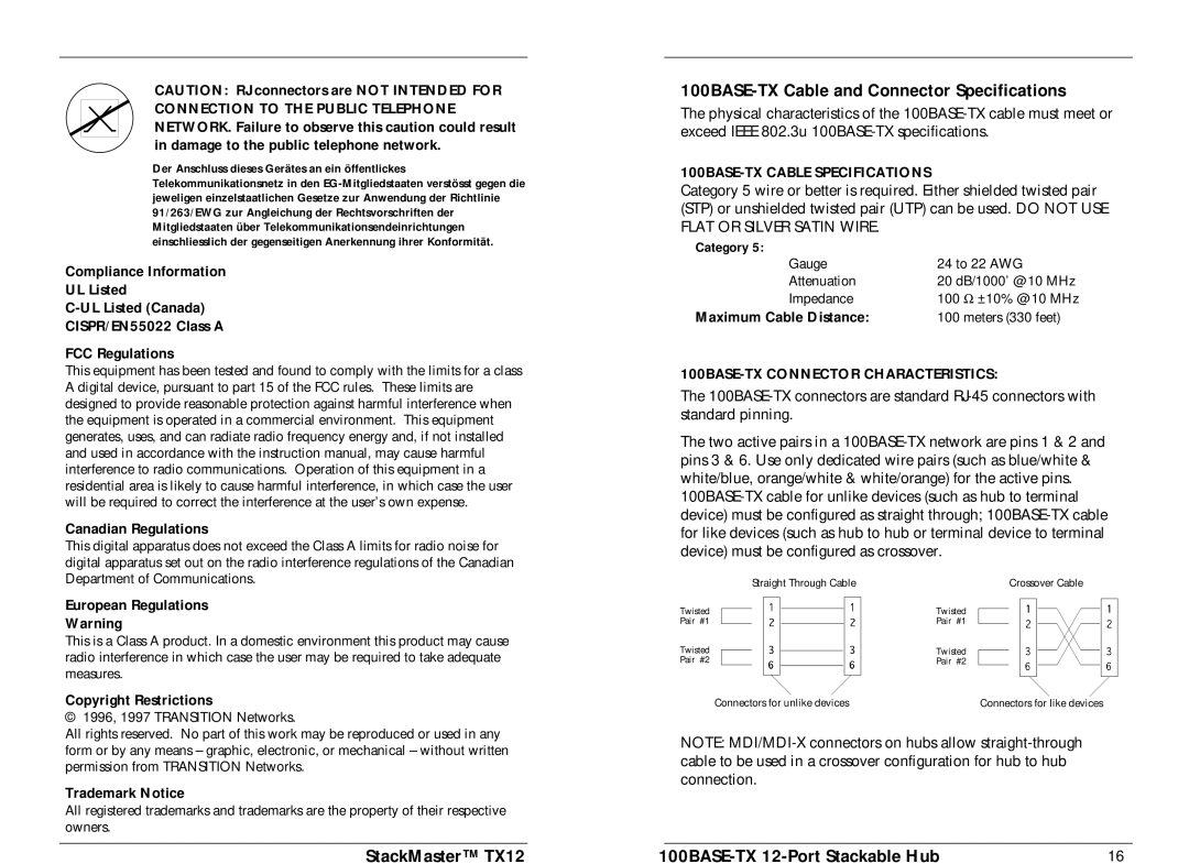 Transition Networks TX12 Maximum Cable Distance, European Regulations, Copyright Restrictions, Trademark Notice 