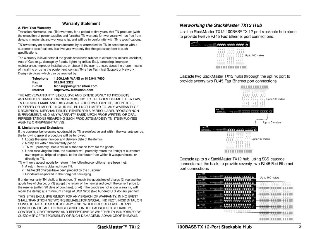 Transition Networks specifications Networking the StackMaster TX12 Hub, Warranty Statement 