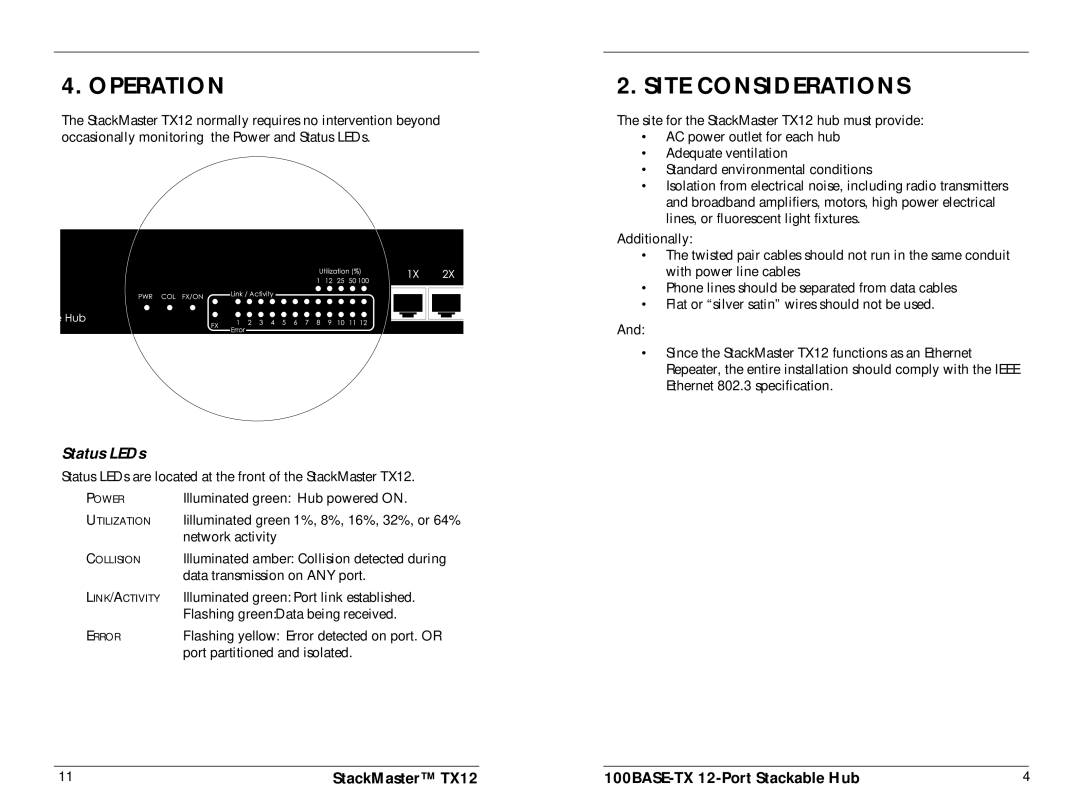 Transition Networks TX12 specifications Operation Site Considerations 