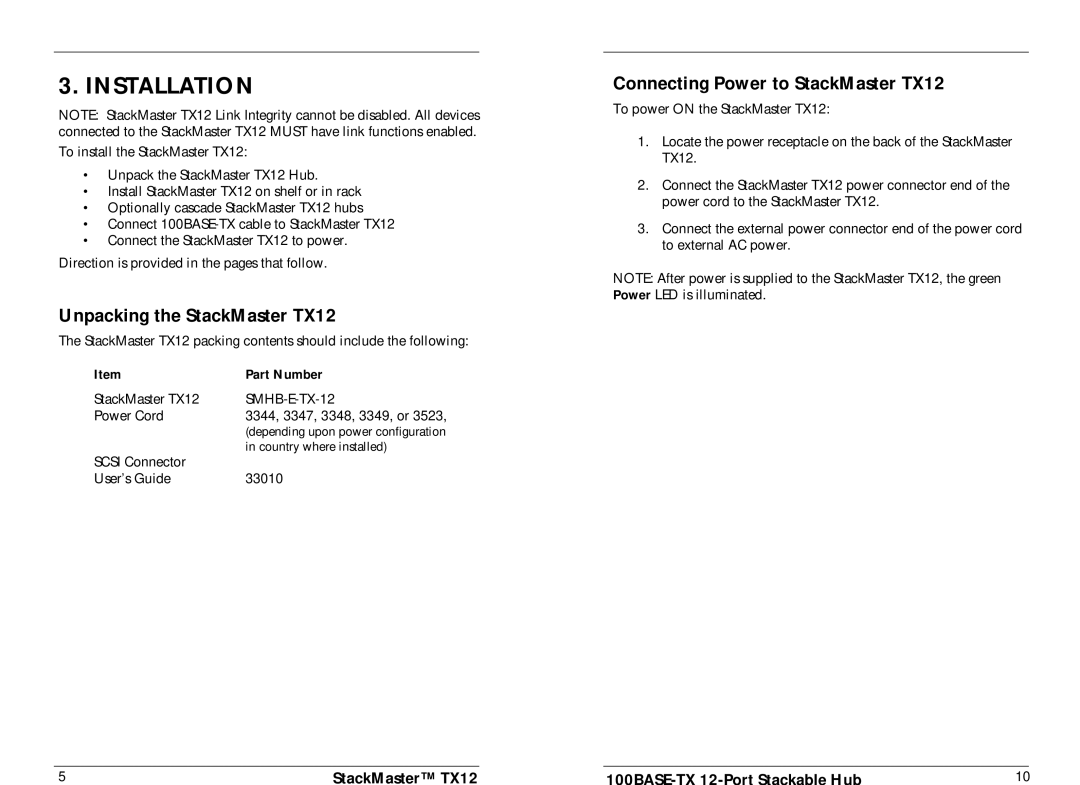 Transition Networks Installation, Unpacking the StackMaster TX12, Connecting Power to StackMaster TX12, Part Number 