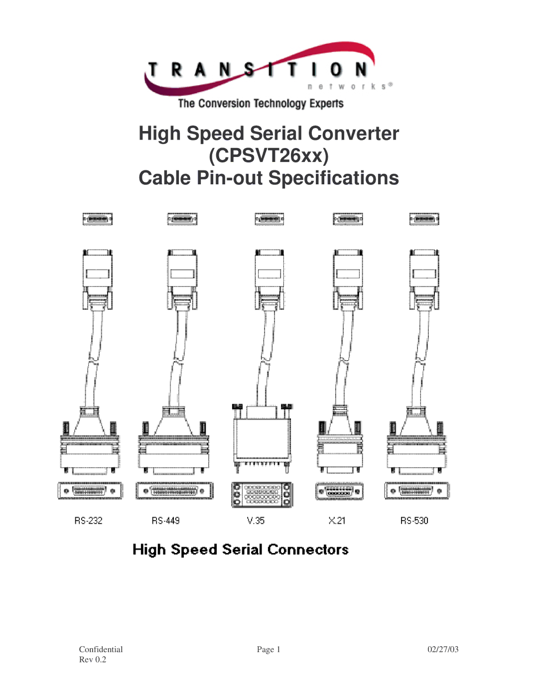 Transition Networks RS-449, V.35, RS-530, CPSVT26XX, RS-232, X.21 specifications Confidential 02/27/03 Rev 