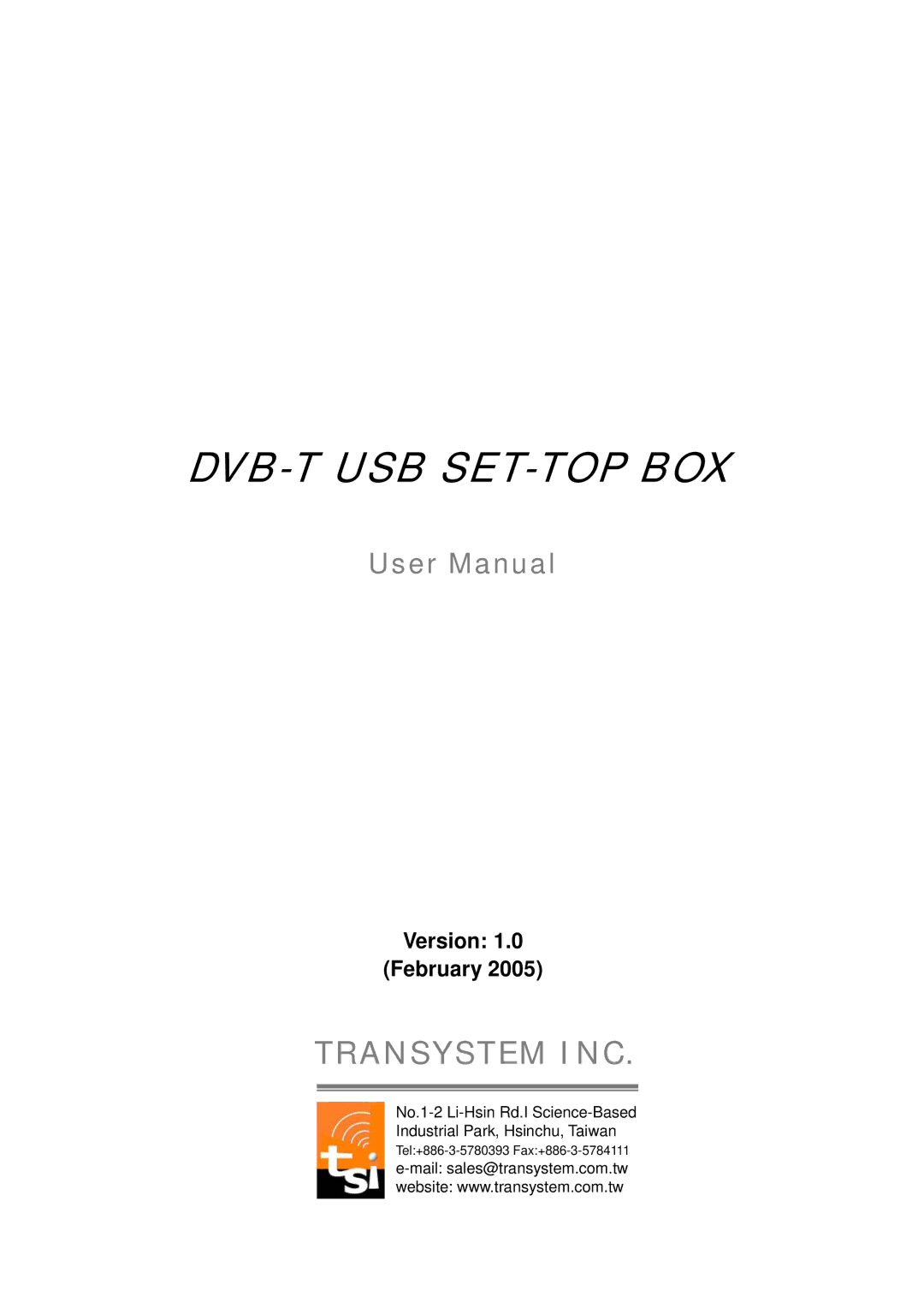 Transystem DVB-T manual Dvb-T Usb Set-Top Box 