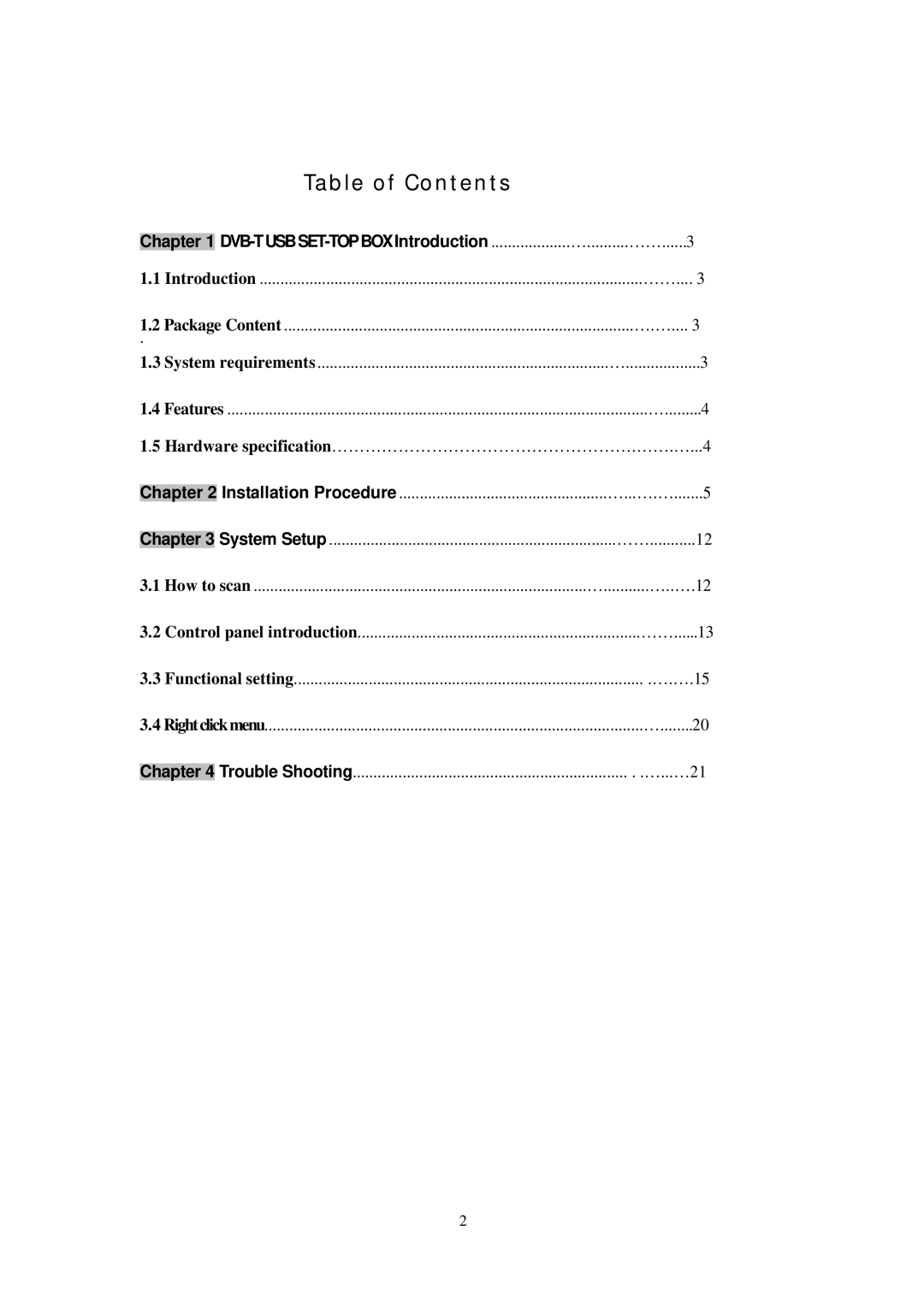 Transystem DVB-T manual Table of Contents 