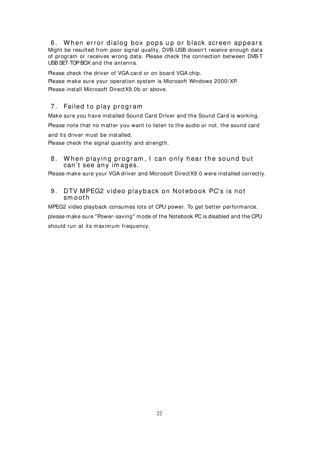 Transystem DVB-T manual When error dialog box pops up or black screen appears 