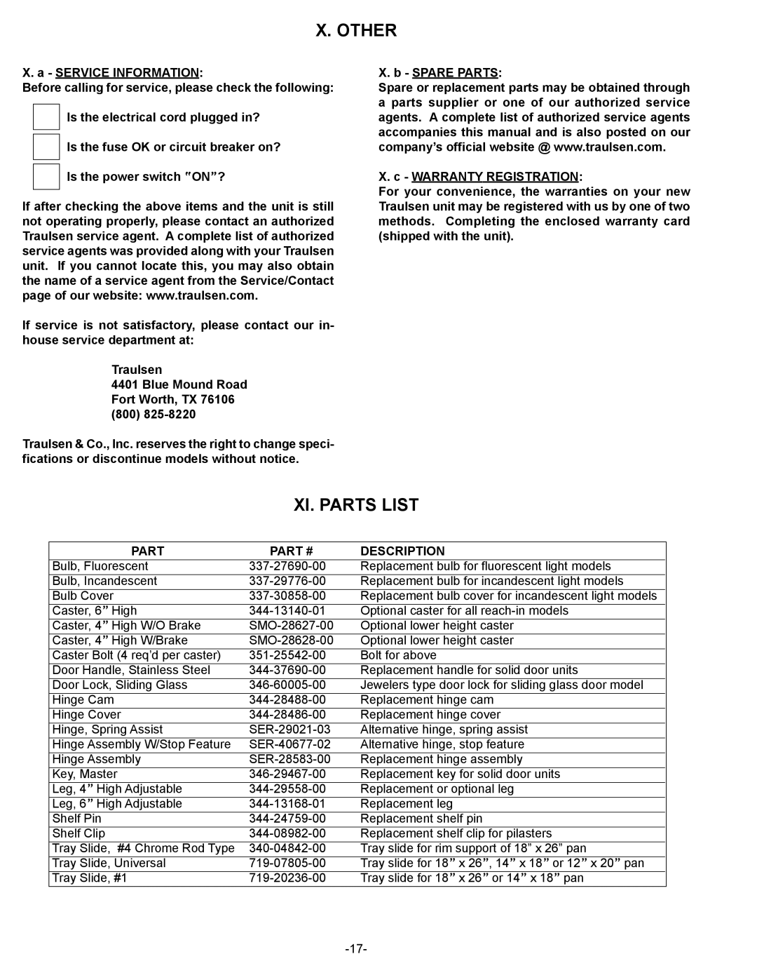 Traulsen G-Series owner manual Other, XI. Parts List 