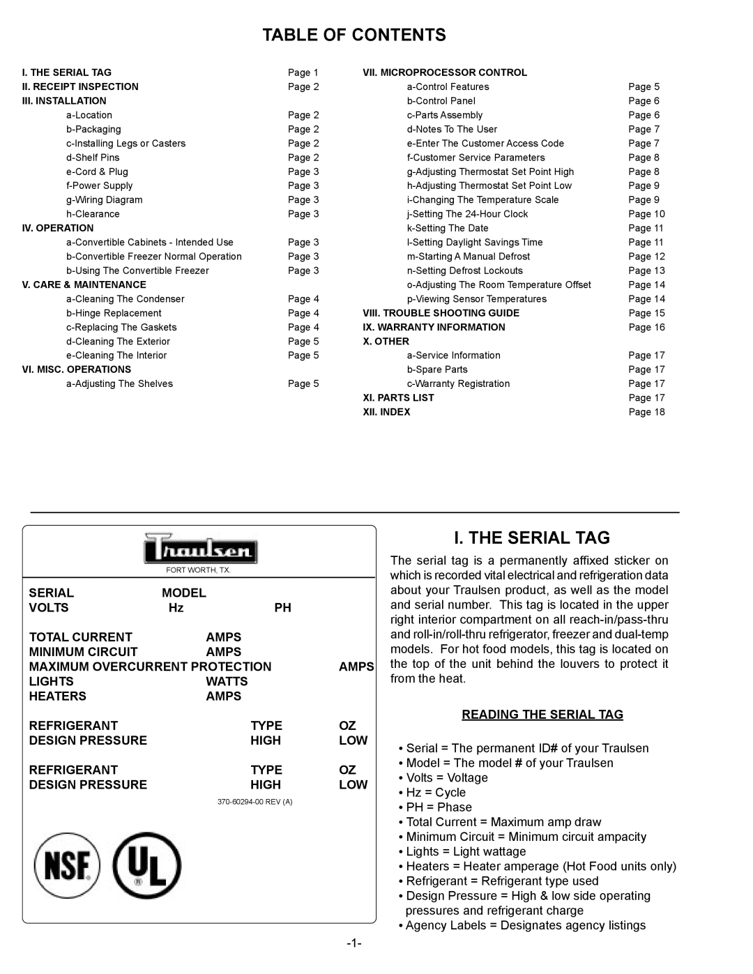 Traulsen G-Series owner manual Table of Contents, Serial TAG 