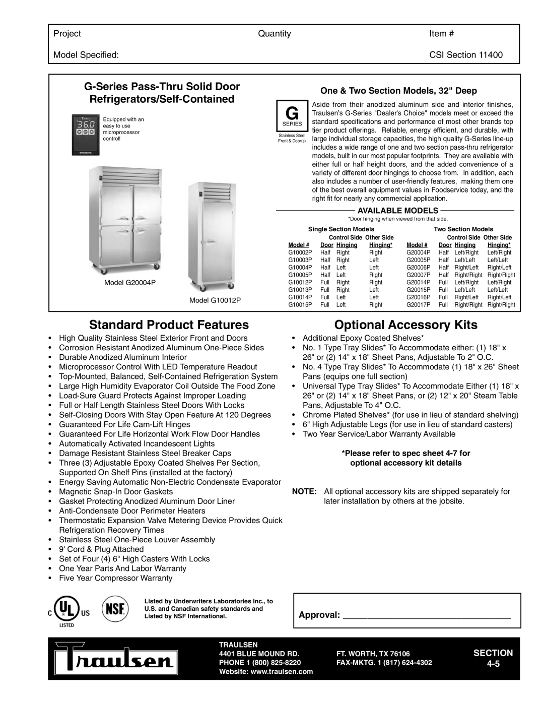Traulsen G20015P warranty G-Series Pass-ThruSolid Door, Refrigerators/Self-Contained, Project, Quantity, Item #, Section 