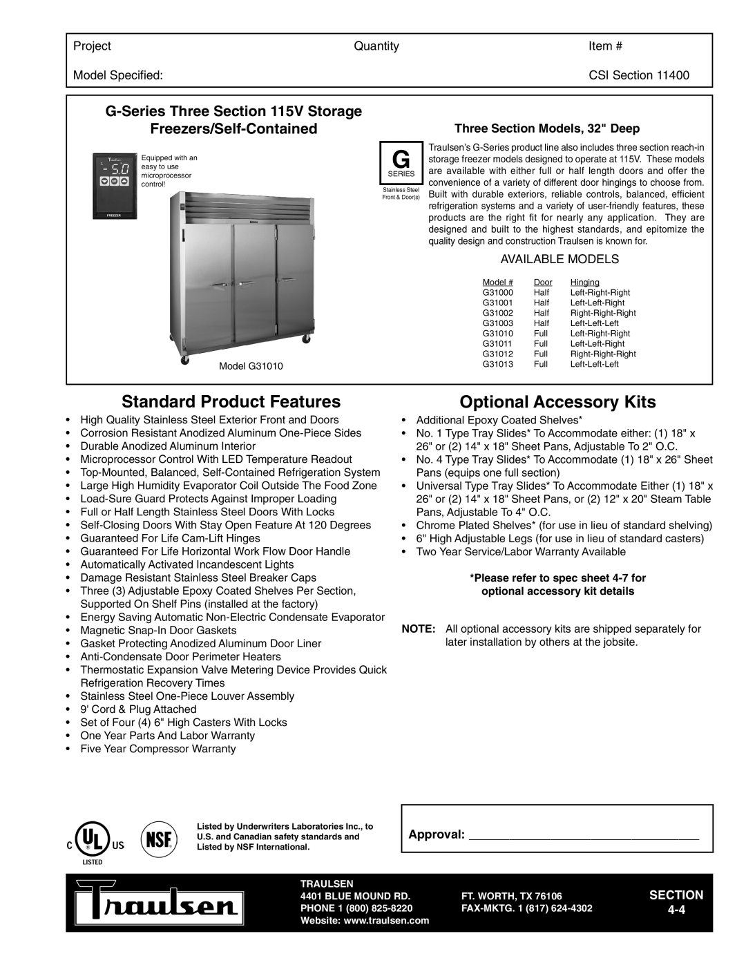 Traulsen G31010 warranty Standard Product Features, Optional Accessory Kits 