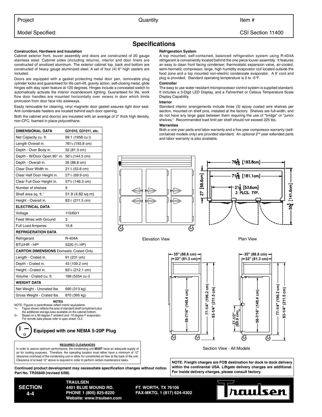 Traulsen G31010 warranty Specifications, Dimensional Data, Electrical Data, Refrigeration Data, Weight Data 