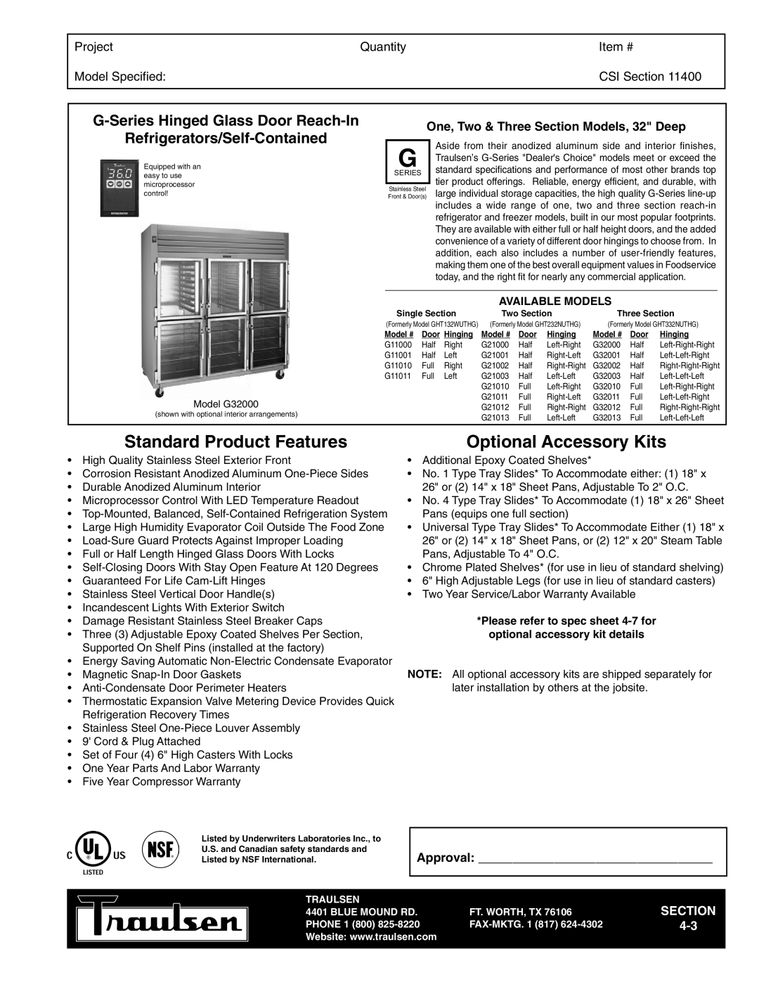 Traulsen G32000 warranty Standard Product Features, Optional Accessory Kits, Series Hinged Glass Door Reach-In 