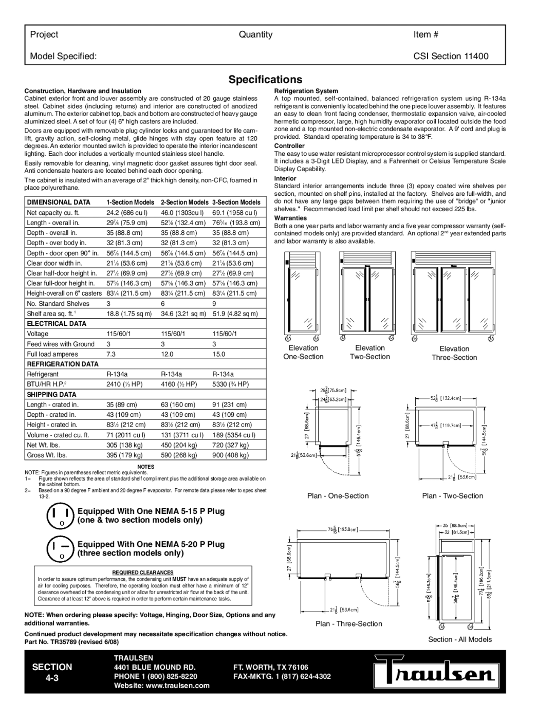 Traulsen G32000 warranty Specifications, Dimensional Data, Electrical Data, Refrigeration Data, Shipping Data 