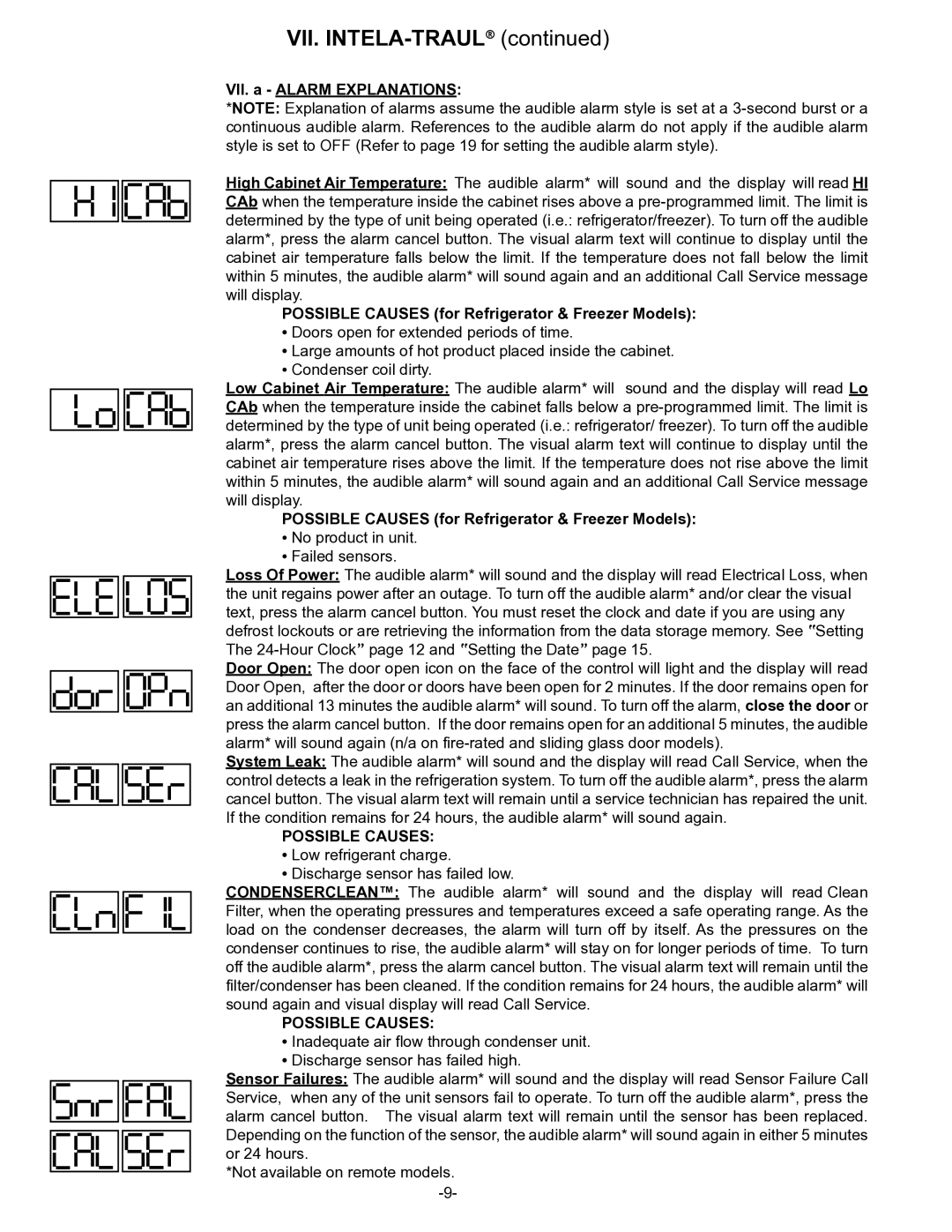 Traulsen R & A Series Vii. Intela-Traul, VII. a Alarm Explanations, Possible Causes for Refrigerator & Freezer Models 