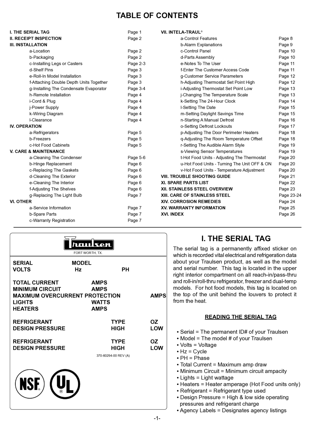 Traulsen R & A Series owner manual Table of Contents, Serial TAG 