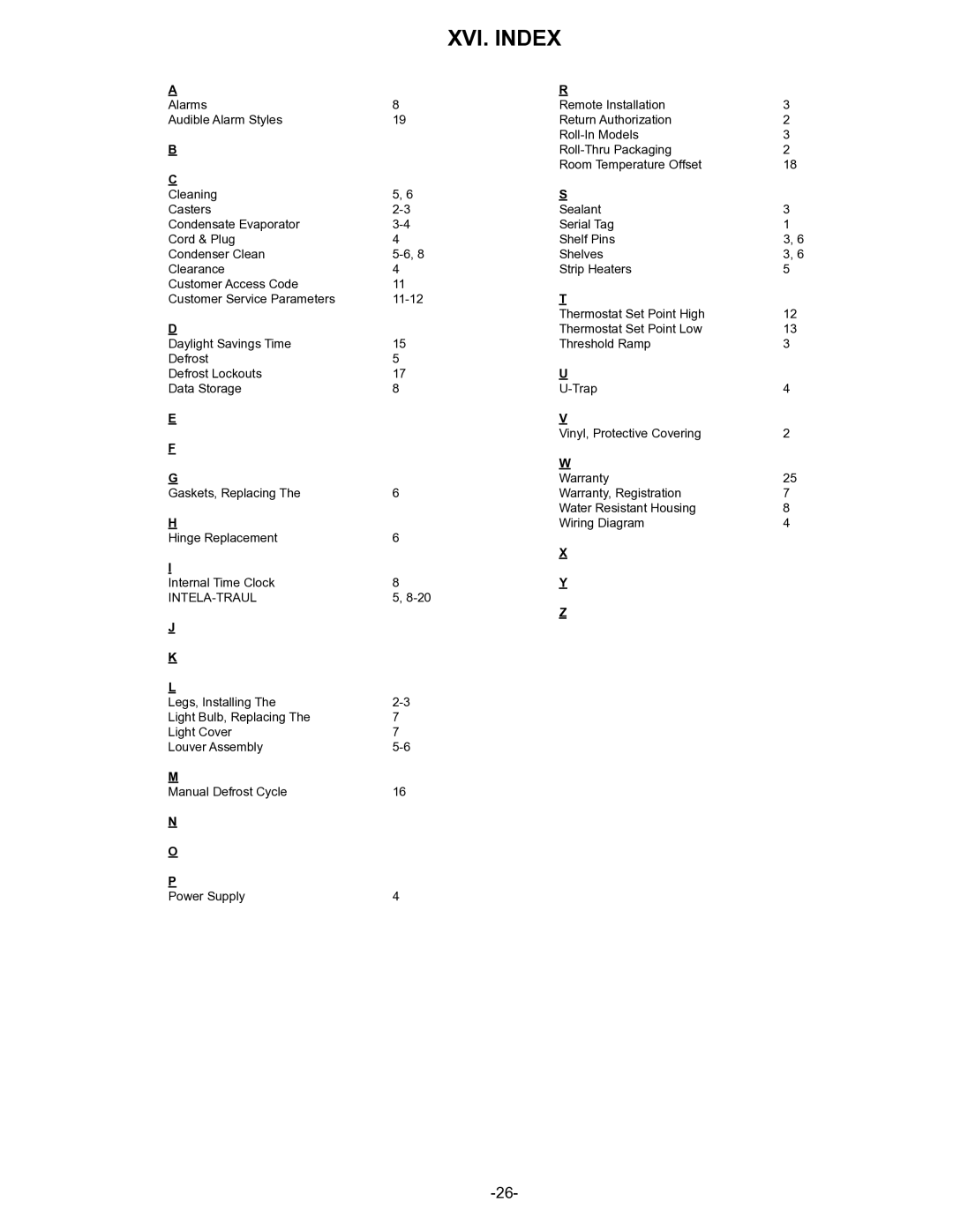 Traulsen R & A Series owner manual XVI. Index, Intela-Traul 