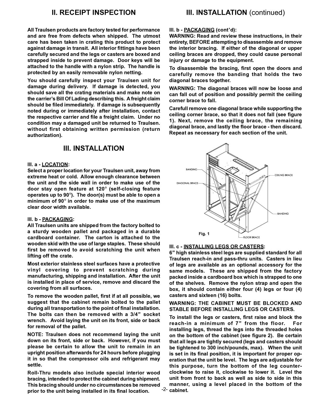 Traulsen R & A Series owner manual II. Receipt Inspection, III. Installation, Stable Before Installing Legs or Casters 