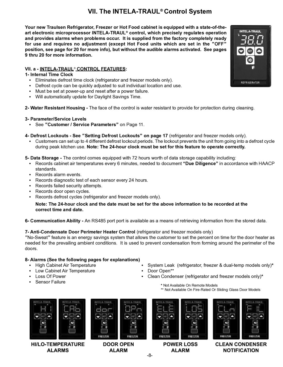 Traulsen R & A Series owner manual VII. The INTELA-TRAULControl System, Alarms See the following pages for explanations 