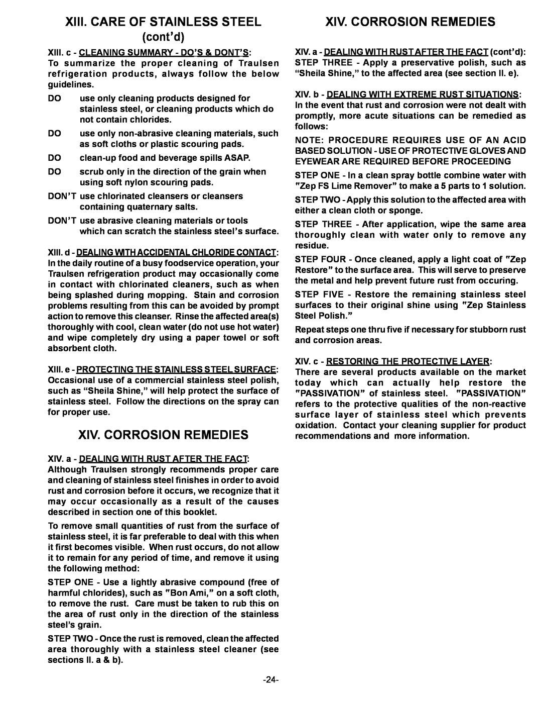 Traulsen R & A Series owner manual XIII. CARE OF STAINLESS STEEL cont’d, Xiv. Corrosion Remedies 