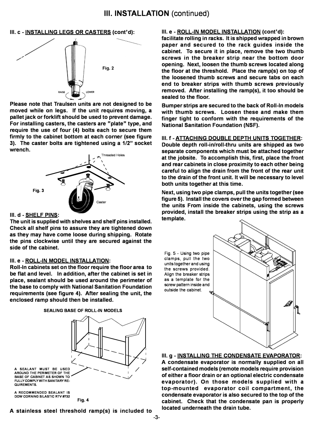 Traulsen R & A Series owner manual III. INSTALLATION continued, III. c - INSTALLING LEGS OR CASTERS cont’d 