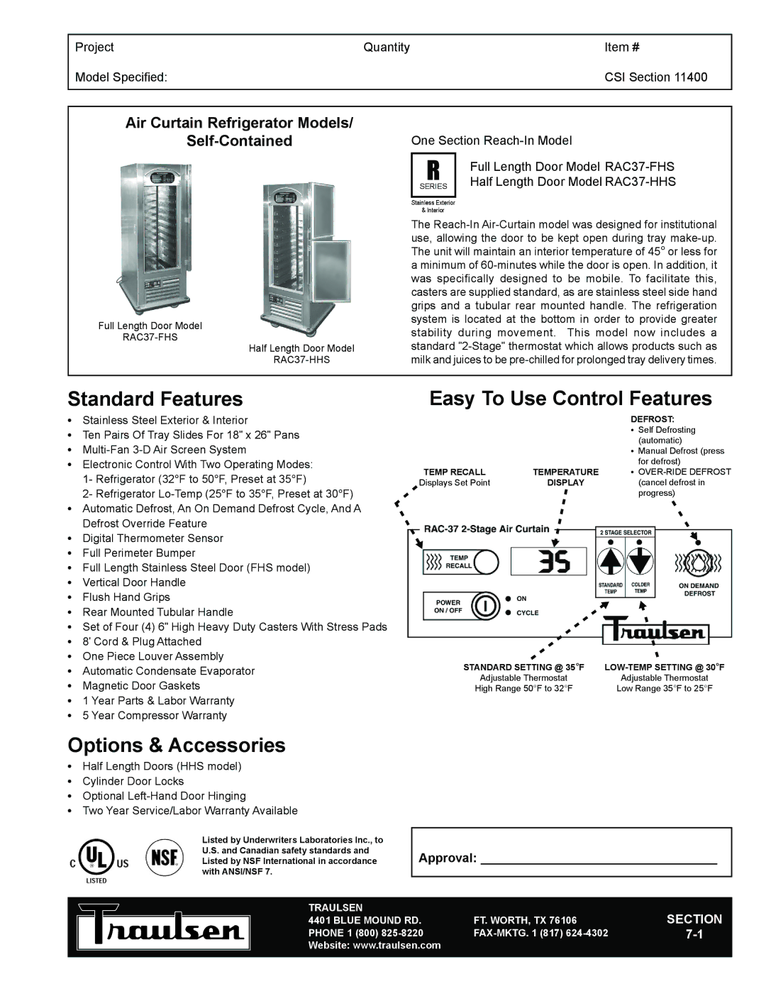 Traulsen RAC37-HHS, RAC37-FHS warranty Standard Features, Easy To Use Control Features, Options & Accessories 