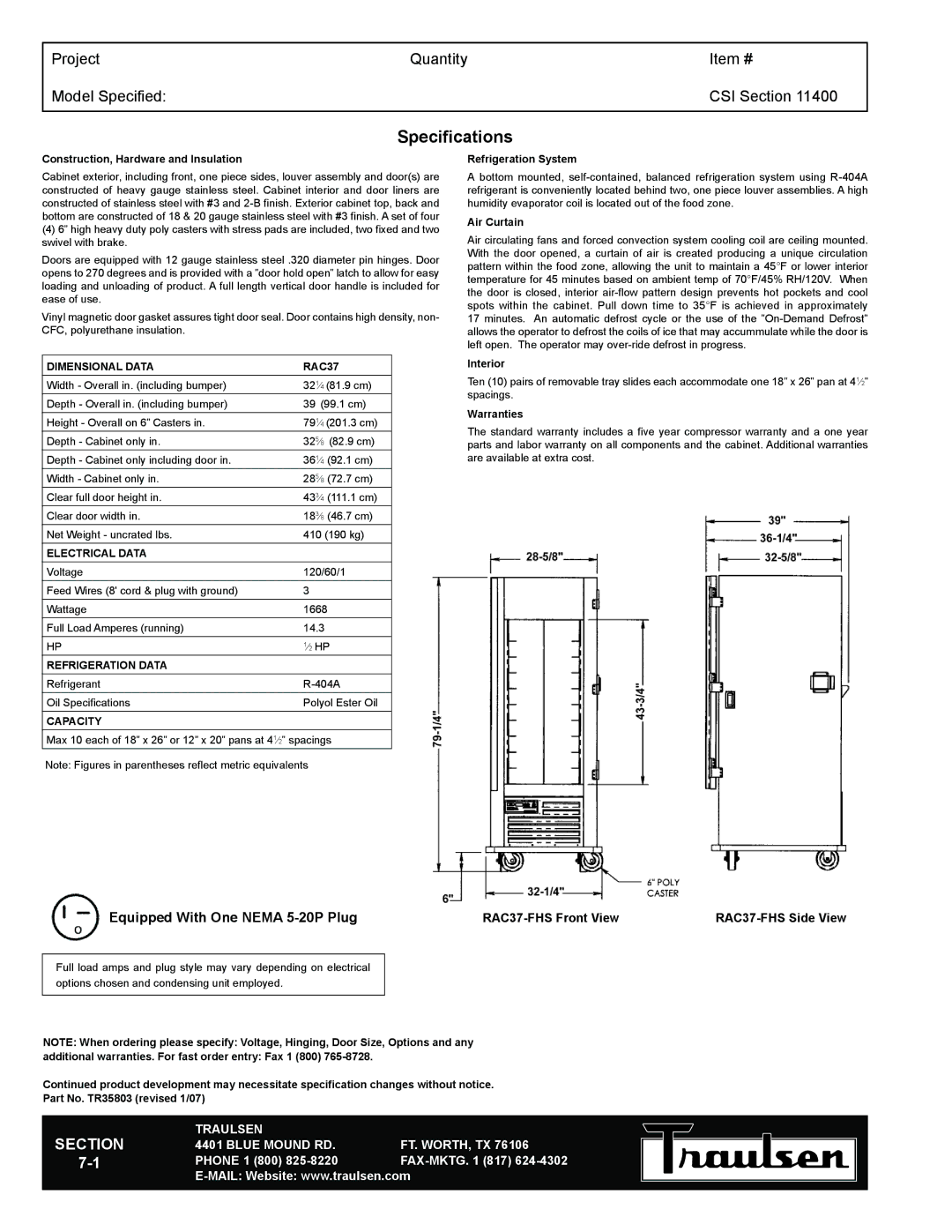 Traulsen RAC37-FHS, RAC37-HHS warranty Dimensional Data RAC37, Electrical Data, Refrigeration Data, Capacity 