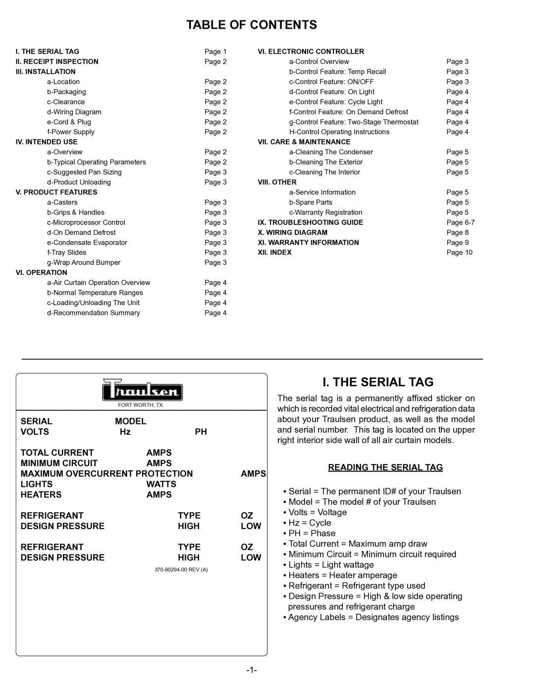 Traulsen RAC3T owner manual Table of Contents, Serial TAG 